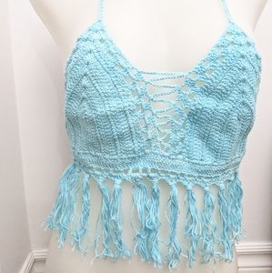 Crochet Boho Light Blue Top With Fringe Sz L